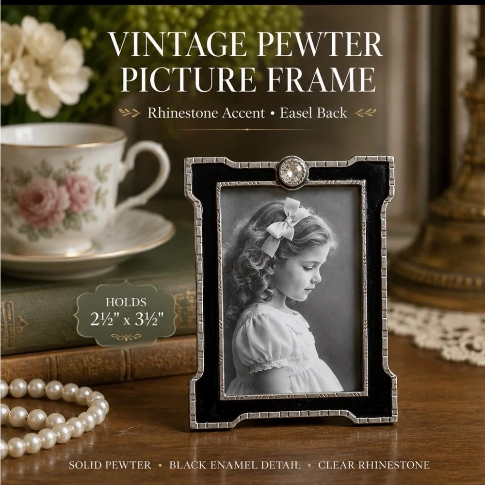 Vintage Pewter Picture Frame Rhinestone Accent Easel Back 2.5 x 3.5